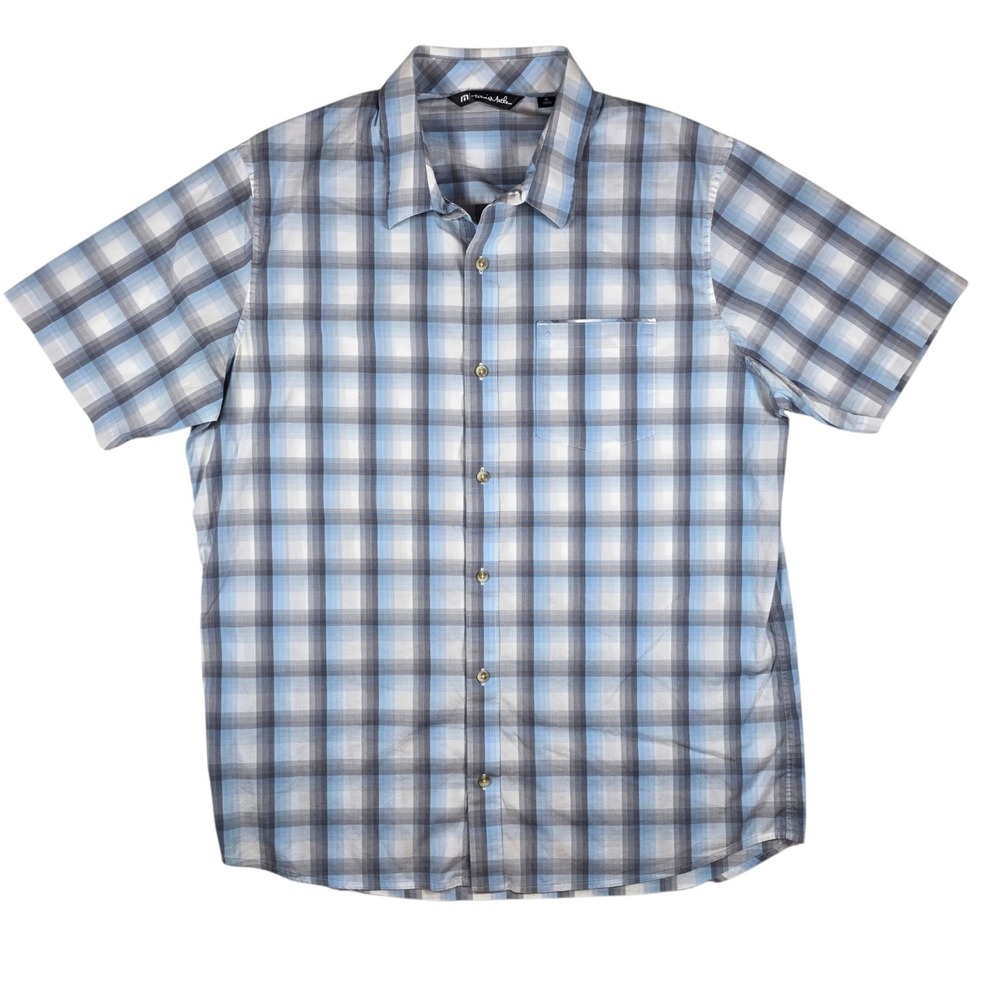 Travis Mathew Mens XL Blue Gray Plaid Cotton Blend S/S Button Shirt Golf